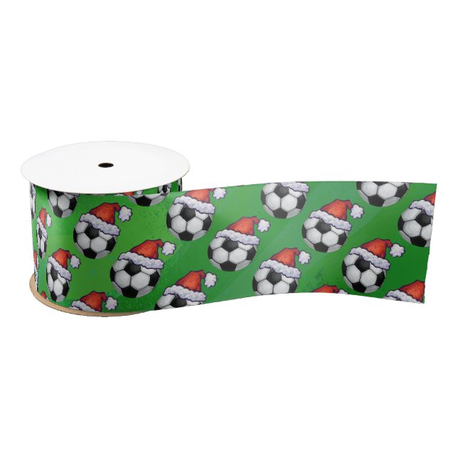 Ruban En Satin Soccer Ball Santa Hat Motif sur Vert (Bobine)