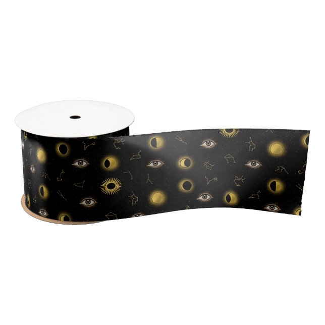 Ruban En Satin Soleil céleste d'or noir et oeil zodiaque de la lu (Bobine)