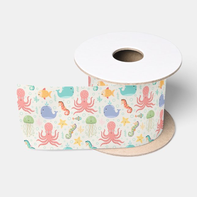 Ruban En Satin Sous la mer Octopus Sea Horse Whale Starfish (Bobine)