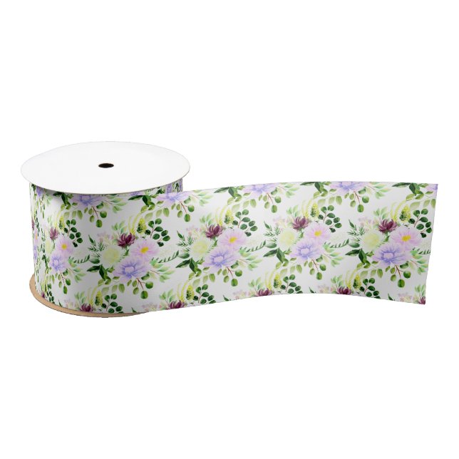 Ruban En Satin Spring Purple Flowers with Foliage (Bobine)
