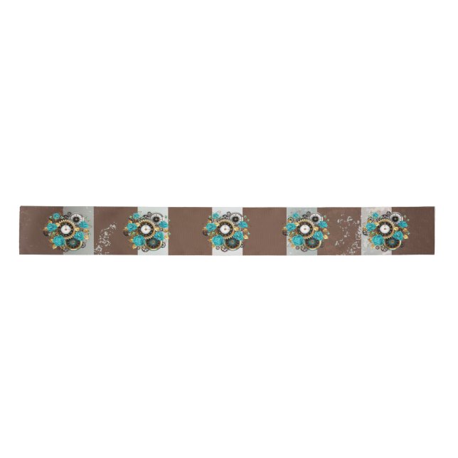 Ruban En Satin Steampunk Clock and Turquoise Roses on Striped (Devant)