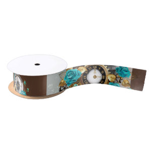Ruban En Satin Steampunk Clock and Turquoise Roses on Striped