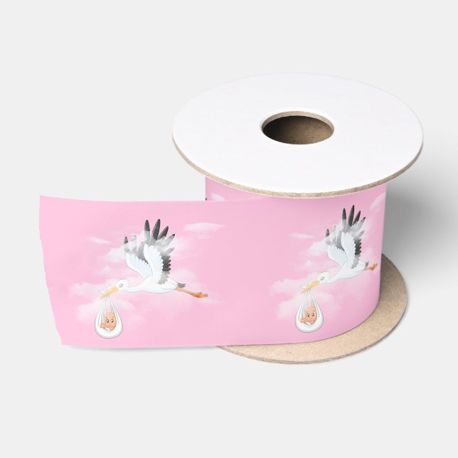 Ruban En Satin Stork et bébé sur rose (Bobine)