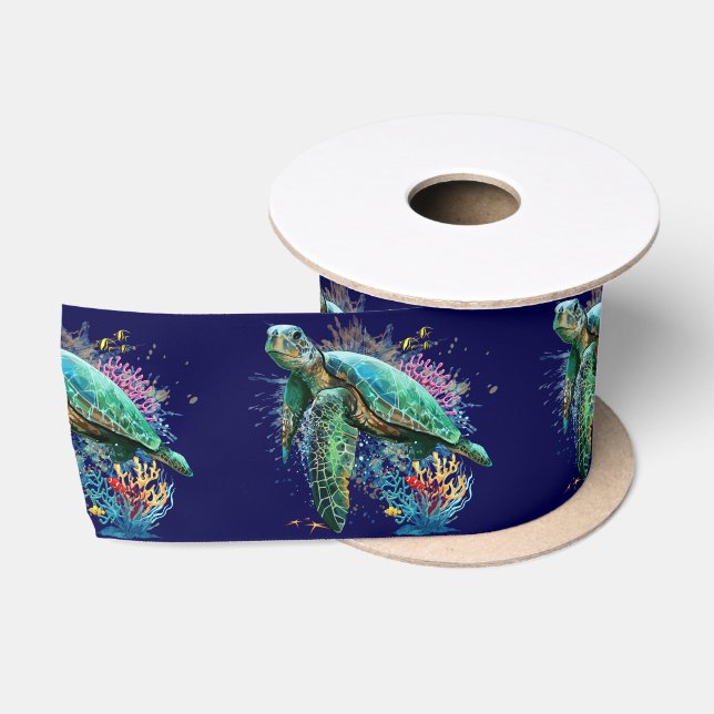 Ruban En Satin Style d'aquarelle sous-marine de tortue marine (Bobine)