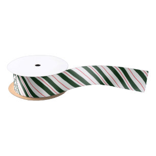 Ruban En Satin Sucre de canne diagonal vert rouge et blanc rayé