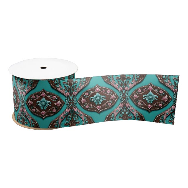 Ruban En Satin Sud Turquoise rose Occidental Pays Cowgirl (Bobine)