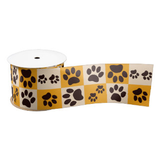 Ruban En Satin Sunny Cat Paw Print Checkerboard