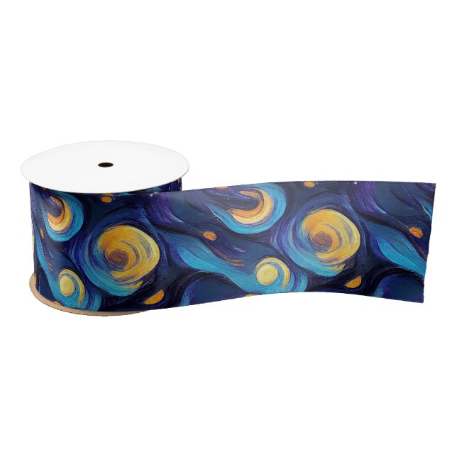 Ruban En Satin Superbe aquarelle bleu étoile peint nuit (Bobine)