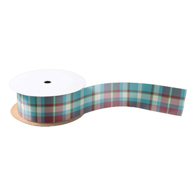 Ruban En Satin Tartan Motif Turquoise et Rouge ID210 (Bobine)