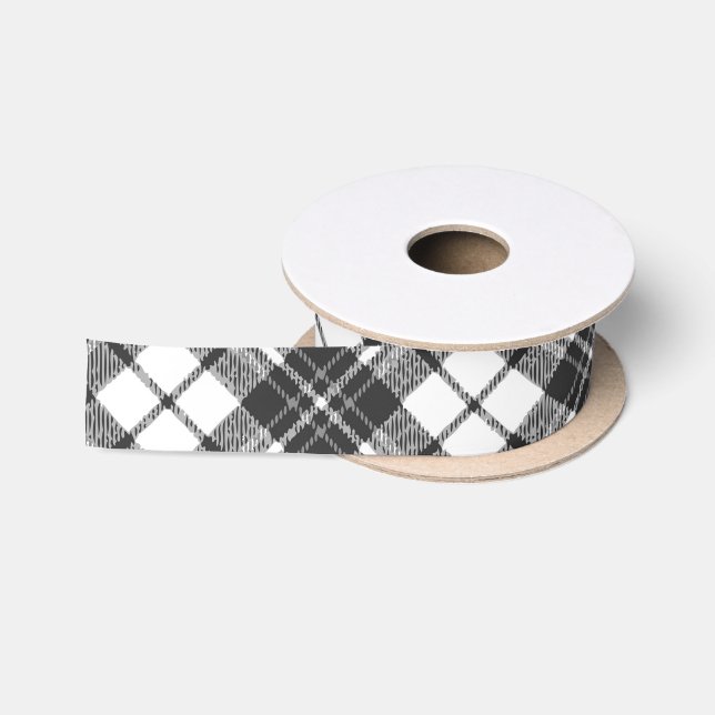 Ruban En Satin Tartan motif vacances Noël noir blanc (Bobine)