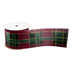 Ruban En Satin Tartan Rouge & Vert Noël Hiver & Feuille d'Or