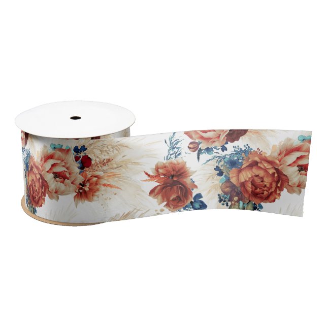 Ruban En Satin Terracotta et Marine Blue Pampas Grass Floral Boho (Bobine)