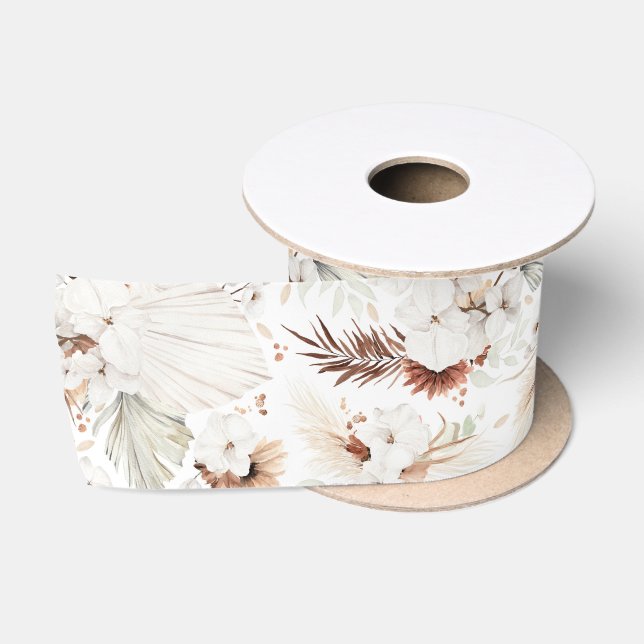 Ruban En Satin Terre cuite et fleurs blanches Botanique Boho Chic (Bobine)