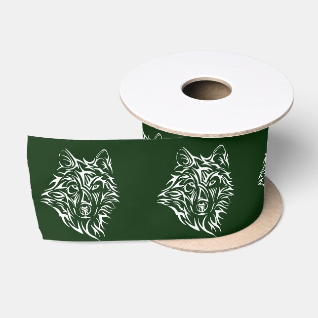 Ruban En Satin Tête de loup blanc sur vert (Bobine)