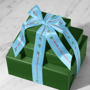 Ruban En Satin Texte personnalisé bleu avec Holiday Holly Sprigs