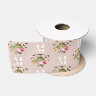 Ruban En Satin Théière Party Fleurs Roses et Papillons Monogramme