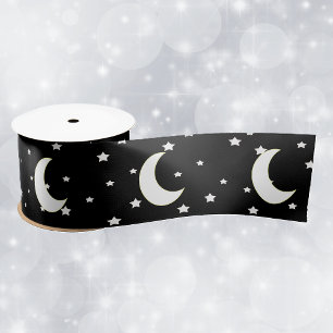 Ruban En Satin Thème céleste Crescent Lune étoiles sur noir