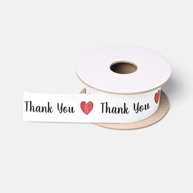 Ruban En Satin Timbre Coeur Merci rouge + votre texte (Bobine)