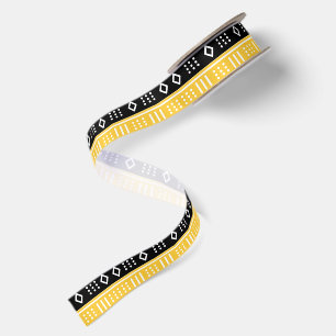Ruban En Satin Tissu afro-pop moderne en pagne noir, blanc et or