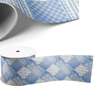 Ruban En Satin Tissu en jean bleu et blanc crémeux en patchwork v