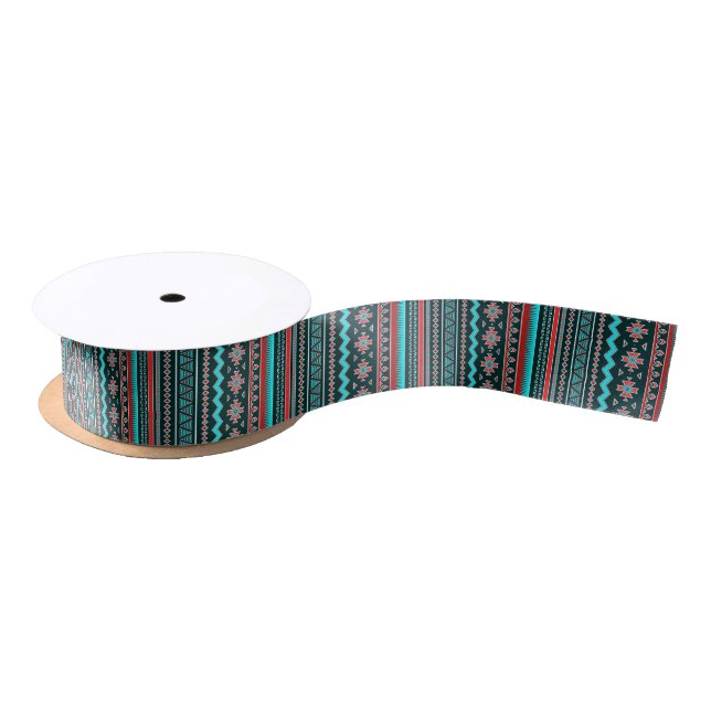 Ruban En Satin Tribale rose et turquoise (Bobine)