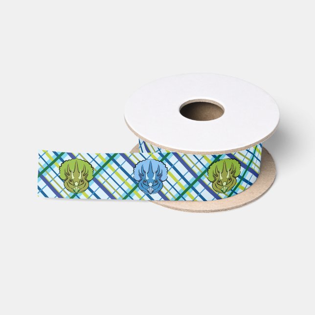 Ruban En Satin Tricératops Cute Blue Dinosaur sur Plaid (Bobine)