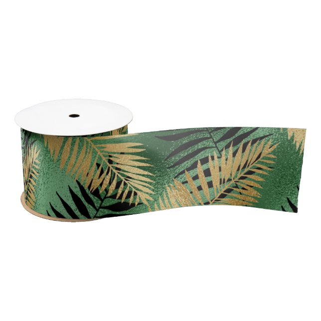 Ruban En Satin Tropical Gold Green Palm Feuilles (Bobine)