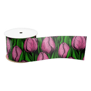 Ruban En Satin Tulières roses avec feuilles verts