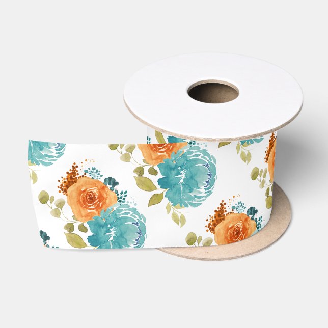 Ruban En Satin Turquoise orange Terracotta Boho Floral botanique (Bobine)