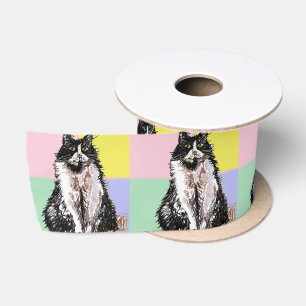 Ruban En Satin Tuxedo Cat Art Cute Pastel Satin Ribbon