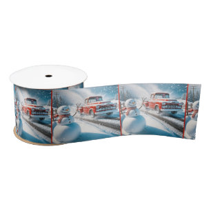 Ruban En Satin Un homme de neige agite un camion Red Retro
