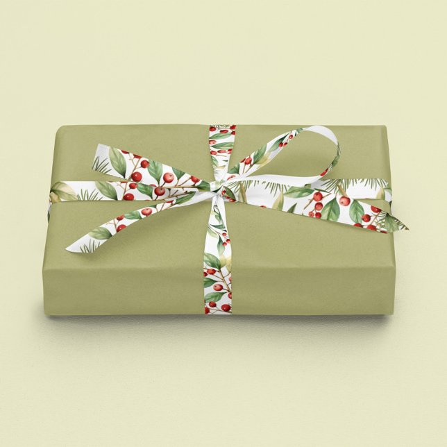Ruban En Satin Vacances Red Holly Aquarelle Berries Verdure (Red holly berries and greenery ribbon. available in 1.5" or 3" widths. )