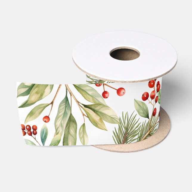 Ruban En Satin Vacances Red Holly Aquarelle Berries Verdure (Bobine)