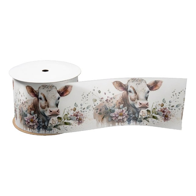 Ruban En Satin Vache Aquarelle En Fleurs (Bobine)