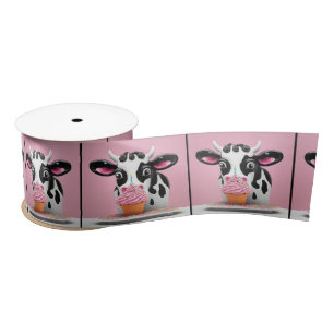 Ruban En Satin Vache Avec Cupcake Anniversaire Sur Rose