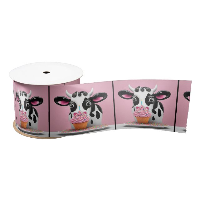 Ruban En Satin Vache Avec Cupcake Anniversaire Sur Rose (Bobine)