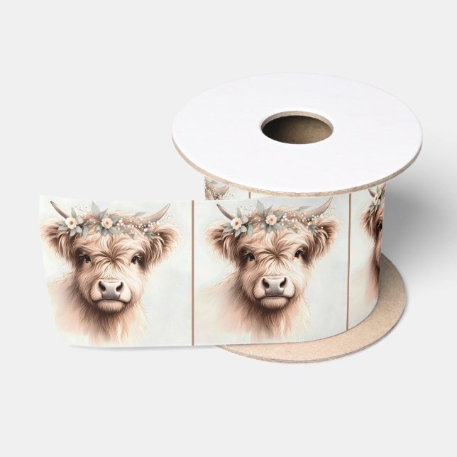 Ruban En Satin Vache Highland avec tête de pont fleurie (Bobine)