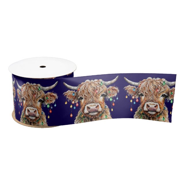 Ruban En Satin Vache Highland mignonne aux lumières de Noël (Bobine)