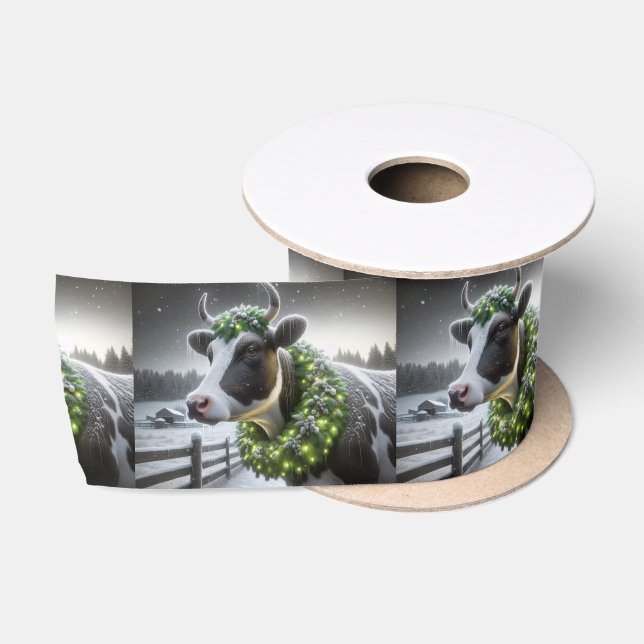 Ruban En Satin Vache Holstein portant une couronne de Noël brilla (Bobine)