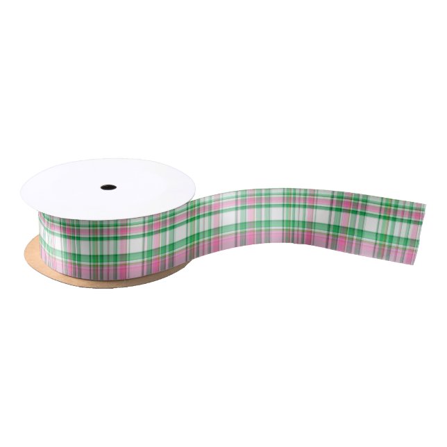 Ruban En Satin Vert émeraude, Rose Chaud, Madras blanc Preppy Pla (Bobine)
