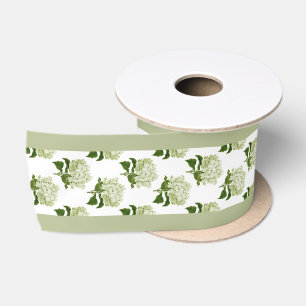 Ruban En Satin Vert sauge et hortensia blanc avec bordure