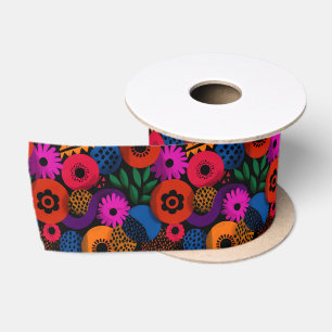 Ruban En Satin Vibrant Abstrait Floral et Motif géométrique