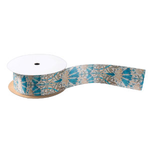 Ruban En Satin Vintage Art Nouveau Floral Bleu Beige