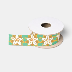 Ruban En Satin Vintage Floral vert et jaune motif Jonquil