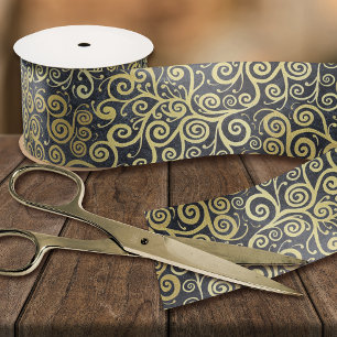 Ruban En Satin Vintage Gold Swirls Motif Luxe Charcoal Grey