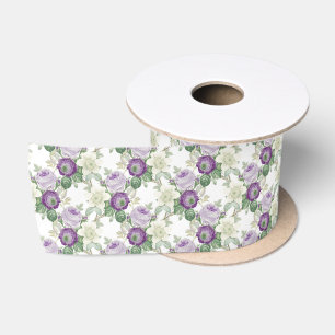 Ruban En Satin vintage motif floral blanc pourpre