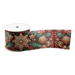 Ruban En Satin Vintage Rouge or Motif Noël