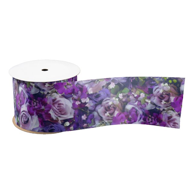 Ruban En Satin Violet Lilac Rose Fleurs Motif de jardin (Bobine)