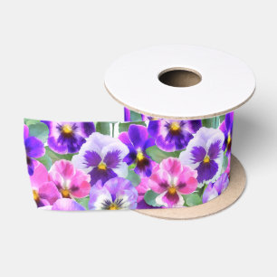 Ruban En Satin Violets colorés Pansy Flower Motif