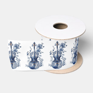 Ruban En Satin Violon de style Delft bleu et blanc avec fleurs